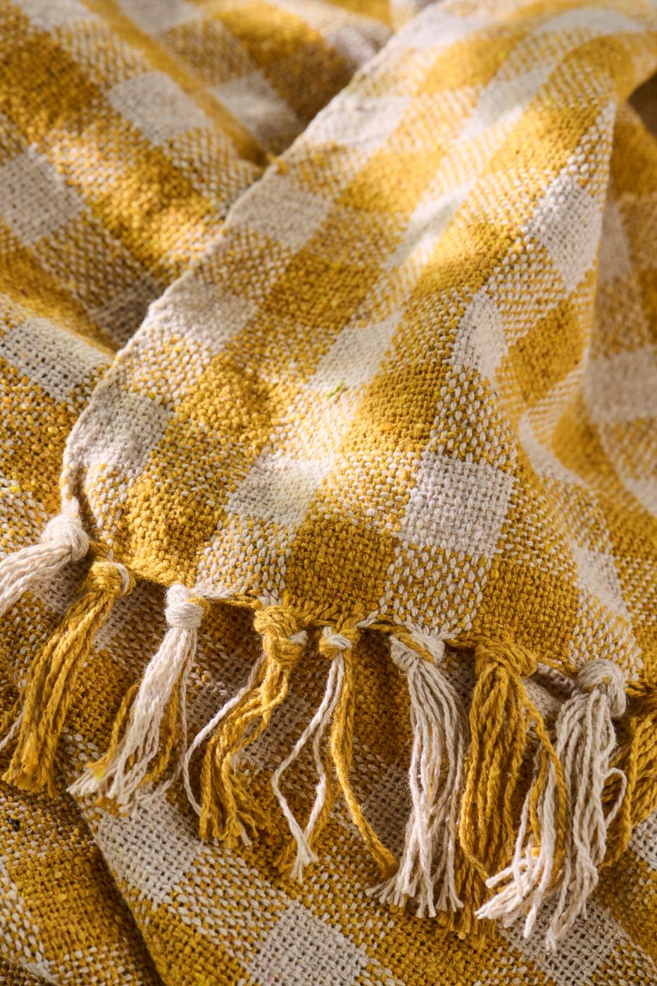 Plaid à carreaux jaune et beige à franges – 130x160 cm