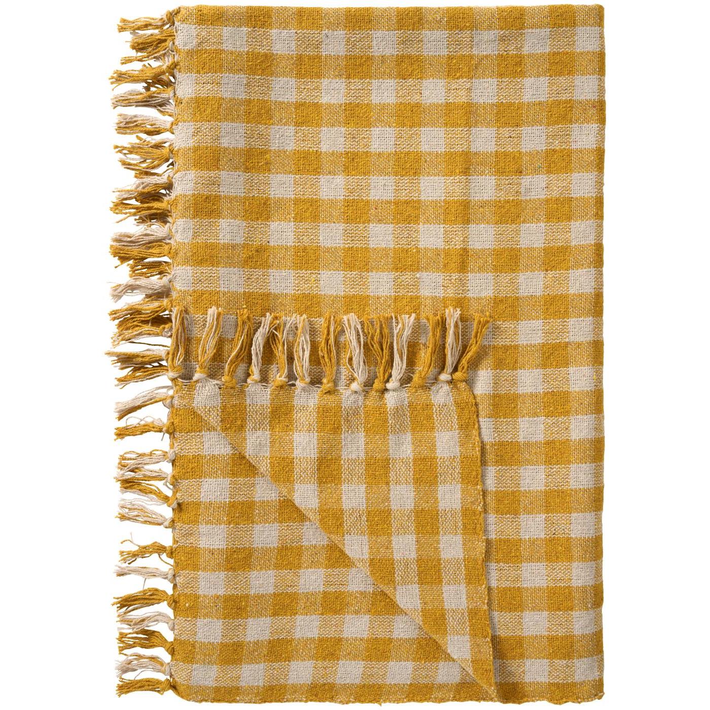 Plaid à carreaux jaune et beige à franges – 130x160 cm