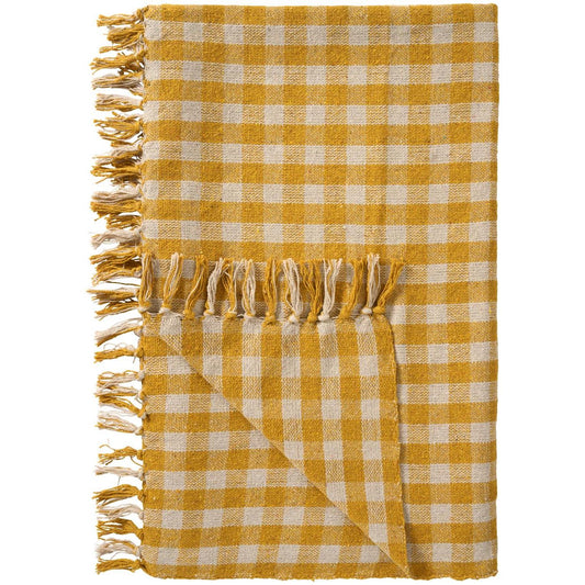 Plaid à carreaux jaune et beige à franges – 130x160 cm
