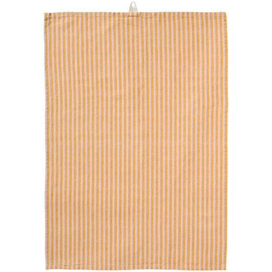 Torchon de Cuisine à Fines Rayures Moutarde et Rose – 100 % Coton